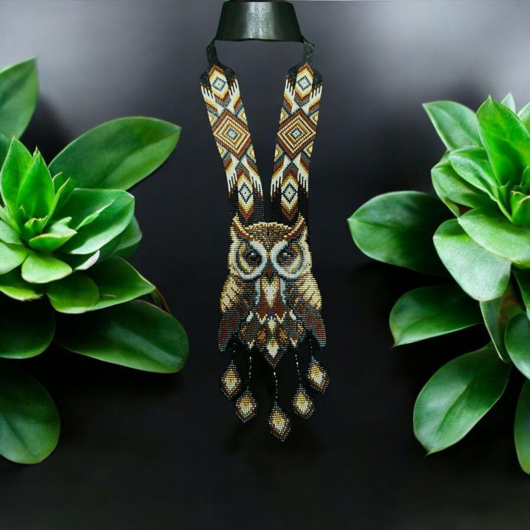 Handmade Beaded Owl Necklace: Long Statement Jewelry