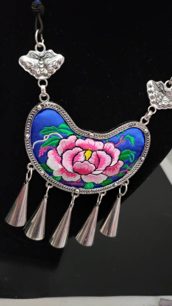 New Design!! Miao Silver Embroidery Necklace,Butterfly Dangle Earring,Circular Flower design,Bold Ethnic Earring, Traditional Earrings,Boho