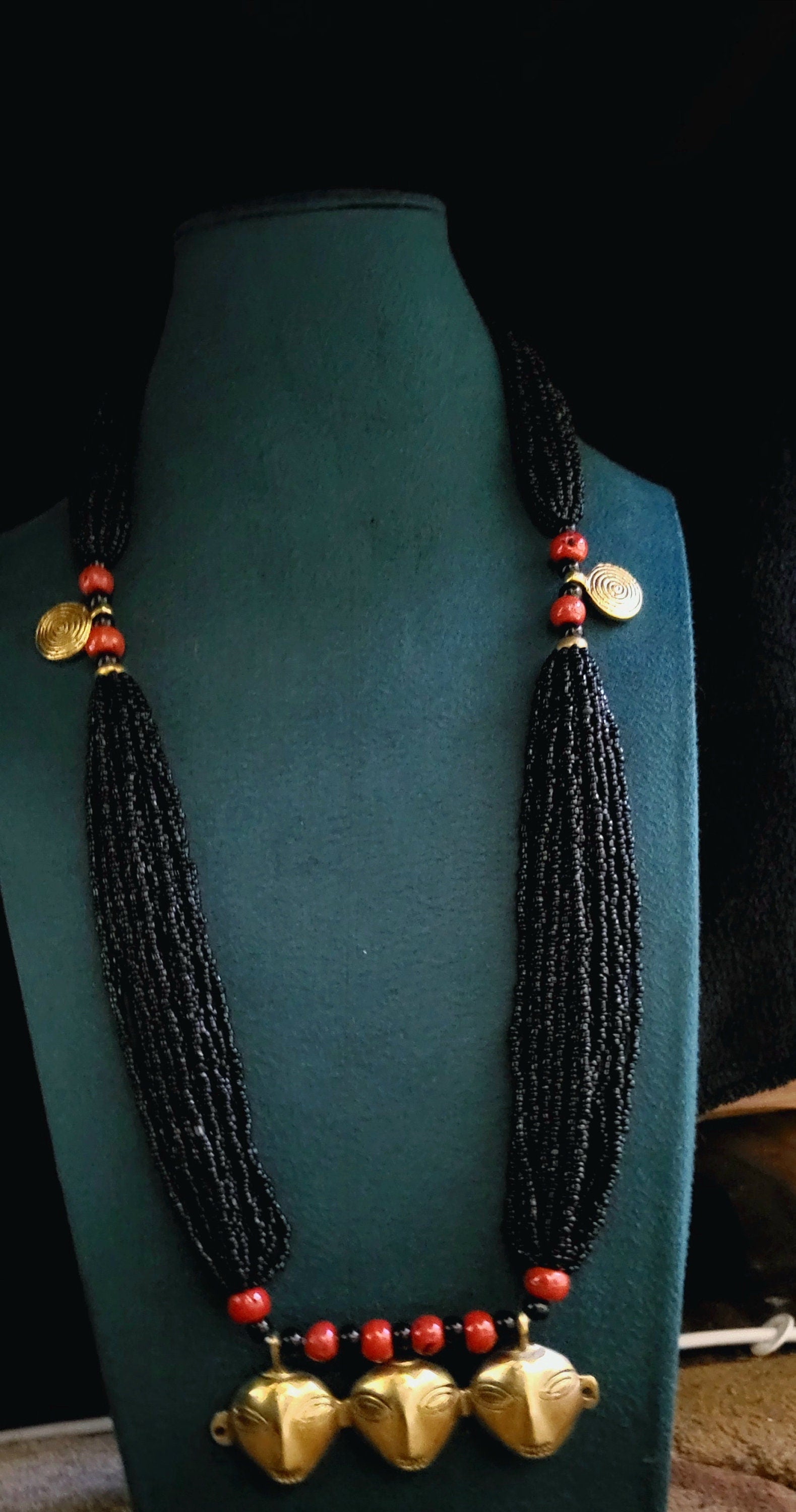 Tribal Mask Pendant Necklace: Bronze Bells, Coral Beads, Ethnic Jewelry