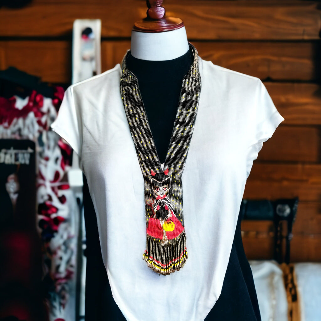 Handmade Beaded Halloween Necklace: Bat & Costume Girl Motif