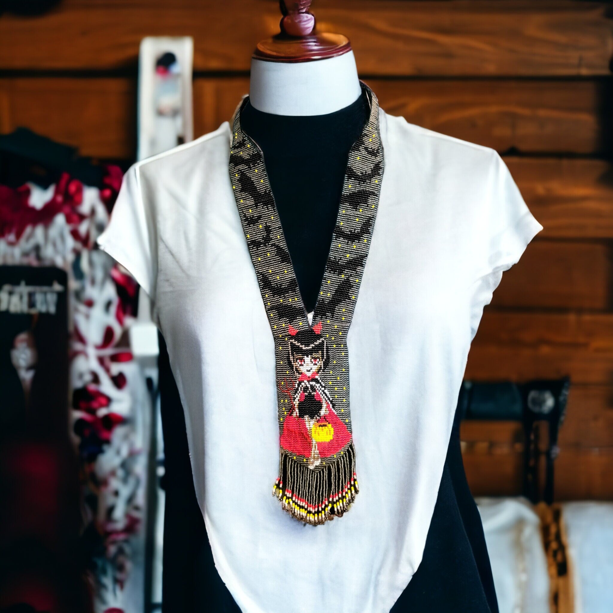 Handmade Beaded Halloween Necklace: Bat & Costume Girl Motif