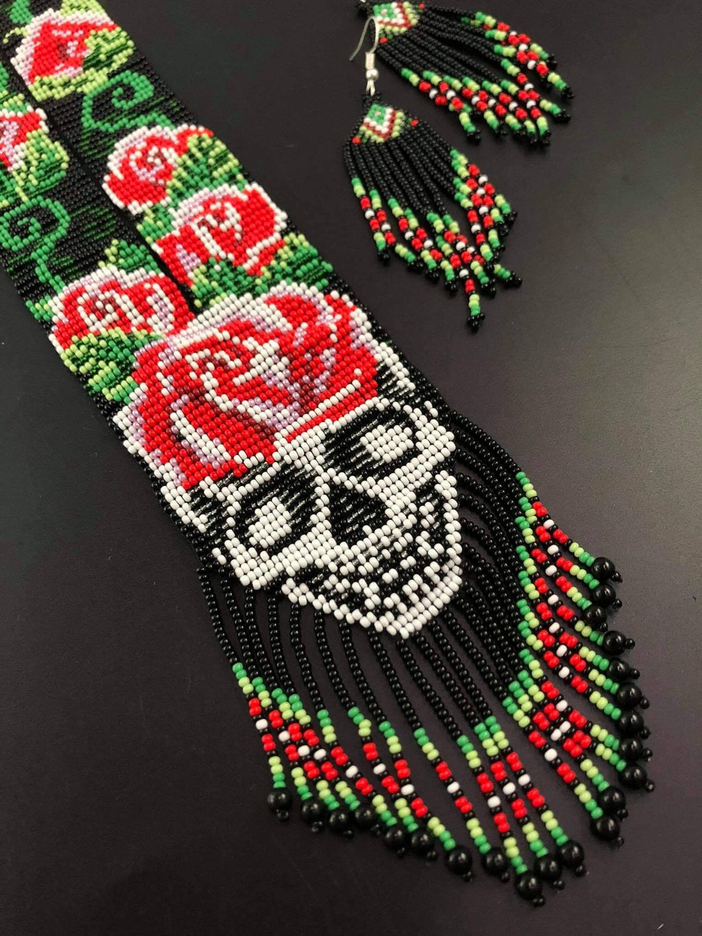 Handmade Seed Bead Skull Necklace: Ethnic Sugar Skull Jewelry