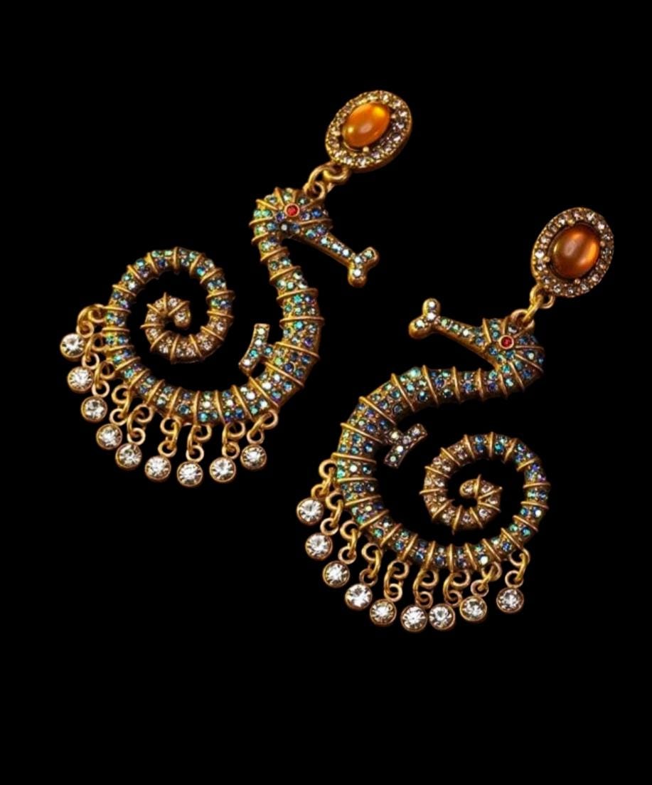 Vintage Style Seahorse Drop Earrings – Ornate Gold Nautical Jewelry with Pavé Crystals and Amber Accents – Bohemian Sea Life Statement Earri