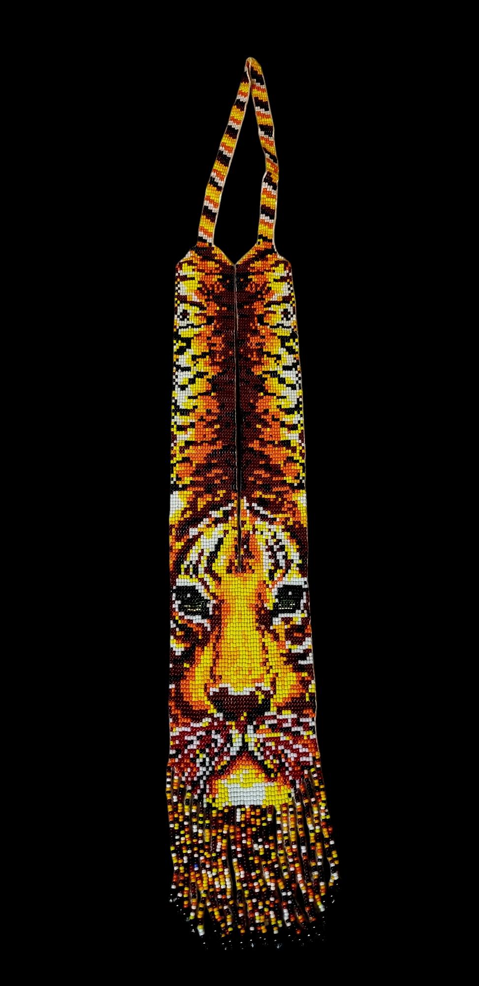 Handmade Royal Tiger Beaded Necklace: Ethnic Seed Bead Pendant