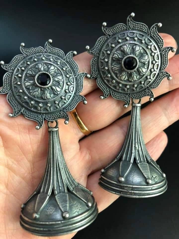 Oxidized Silver Plated Dangle Earrings: Floral Boho Jewelry