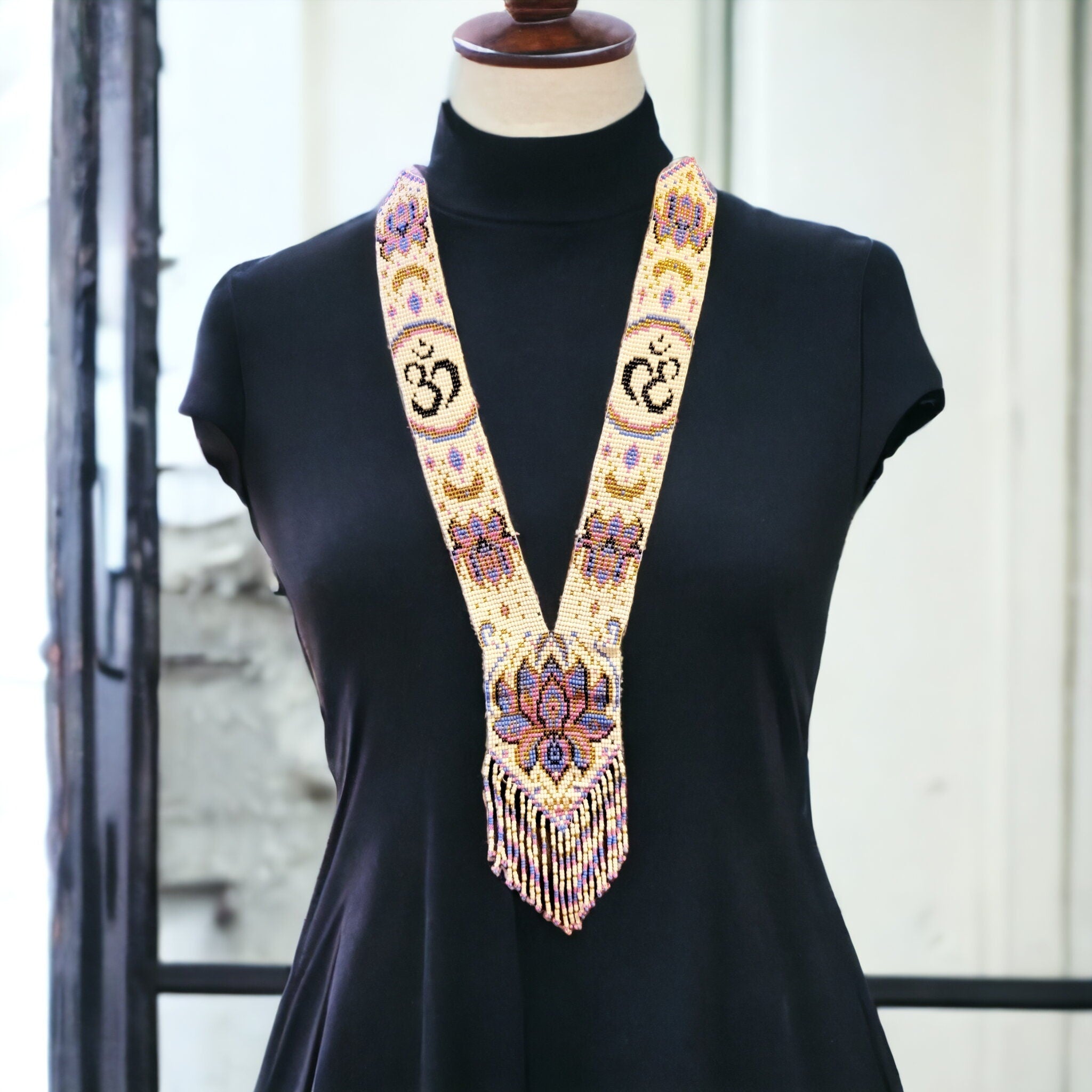 Handmade Beaded Om Necklace: Indian Hindu Symbol, Floral Design