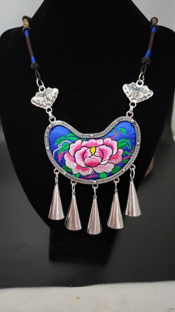 New Design!! Miao Silver Embroidery Necklace,Butterfly Dangle Earring,Circular Flower design,Bold Ethnic Earring, Traditional Earrings,Boho