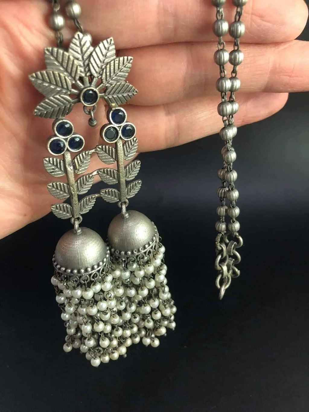 Oxidized German Silver Jhumka Necklace Set: Handcrafted Pearl Pendant