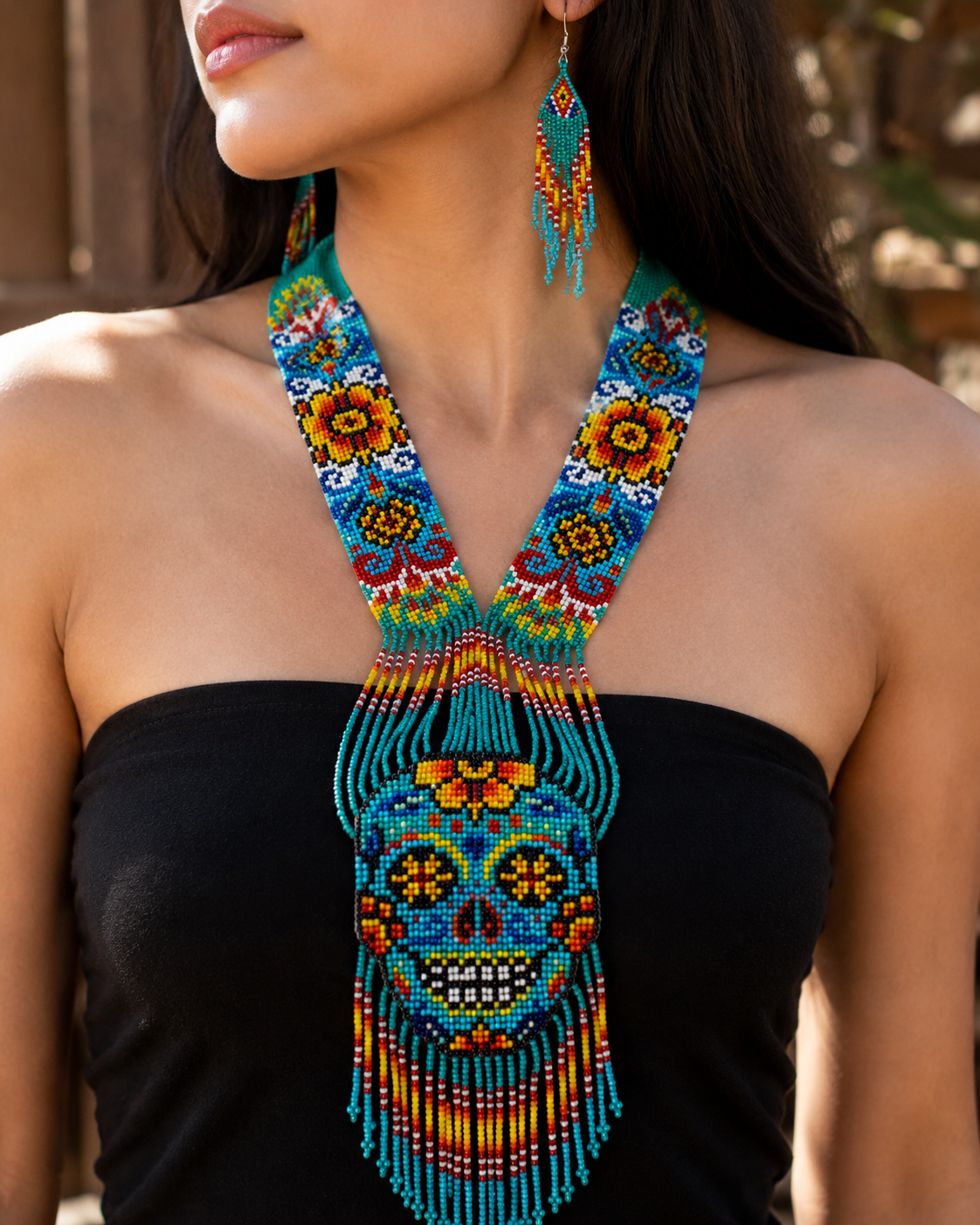 Handmade Turquoise Beaded Skull Necklace & Earrings Set