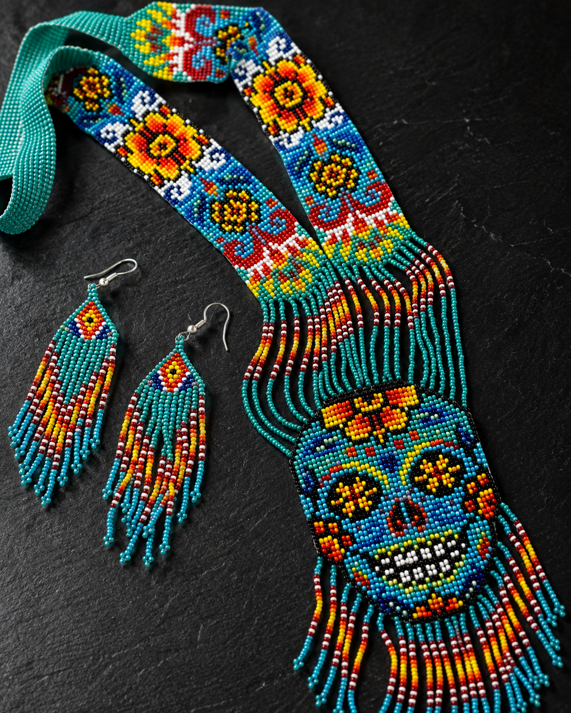 Handmade Turquoise Beaded Skull Necklace & Earrings Set