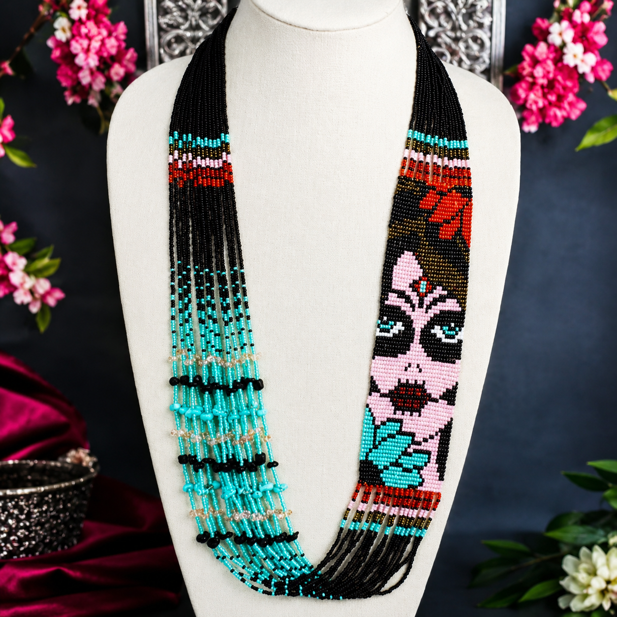 Handmade Sugar Skull Beaded Necklace & Earrings Set – Boho Tribal Statement Jewelry – Turquoise Seed Beads – Artisan Ethnic Gift
