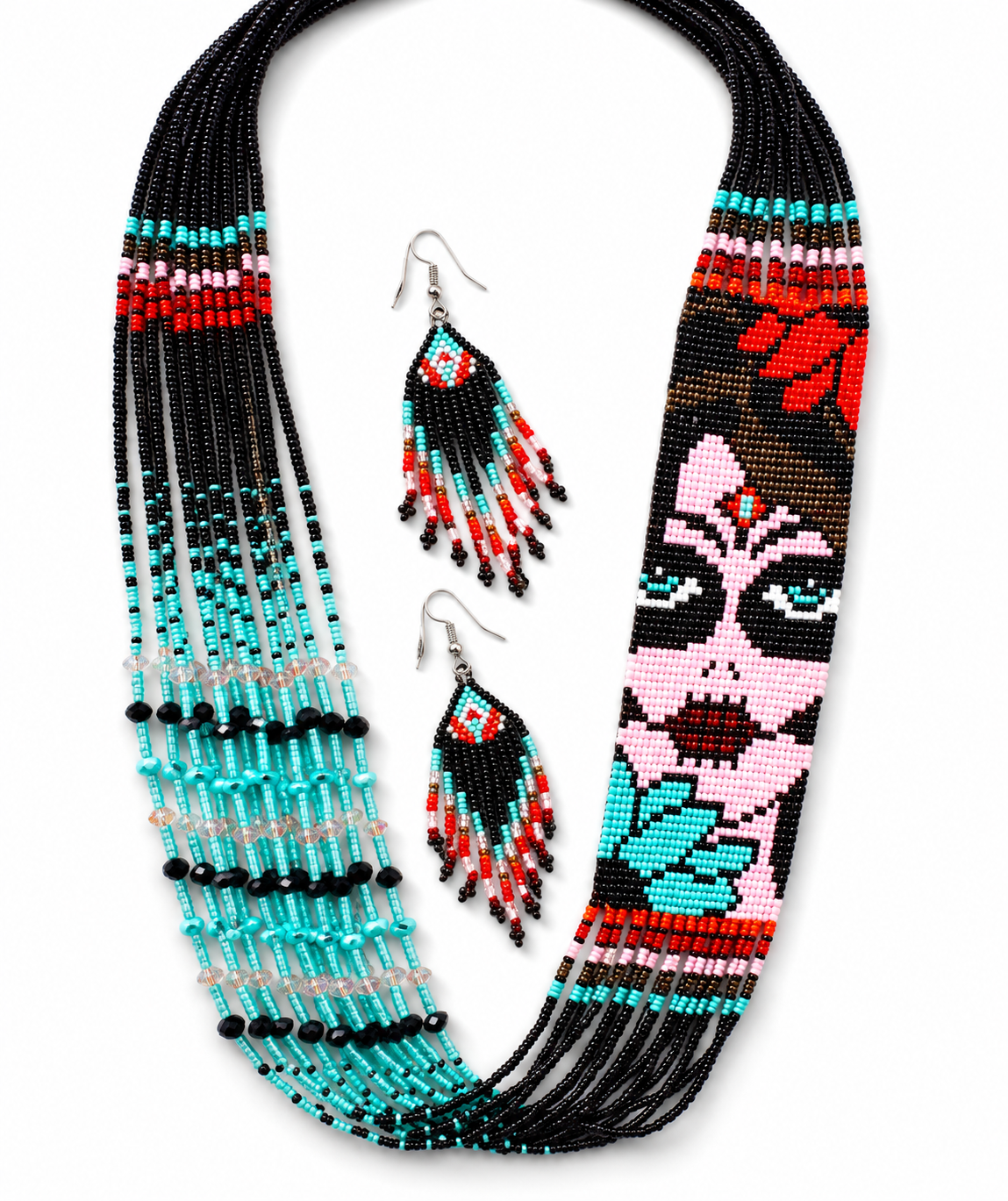 Handmade Sugar Skull Beaded Necklace & Earrings Set – Boho Tribal Statement Jewelry – Turquoise Seed Beads – Artisan Ethnic Gift