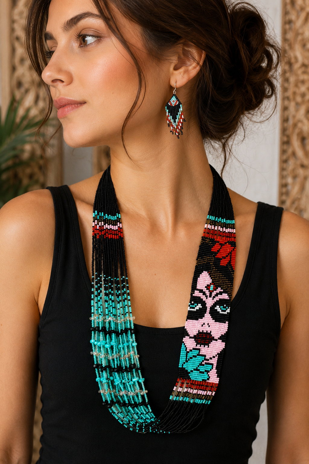 Handmade Sugar Skull Beaded Necklace & Earrings Set – Boho Tribal Statement Jewelry – Turquoise Seed Beads – Artisan Ethnic Gift
