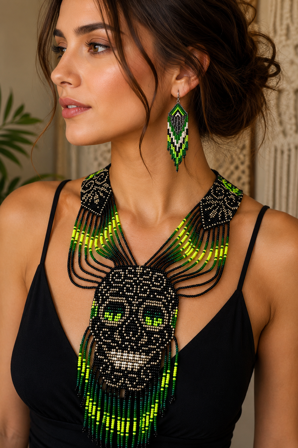 Handmade Beaded Skull Statement Necklace & Earrings Set – Tribal Gothic Boho Jewelry – Black & Green Artisan Seed Bead Necklace