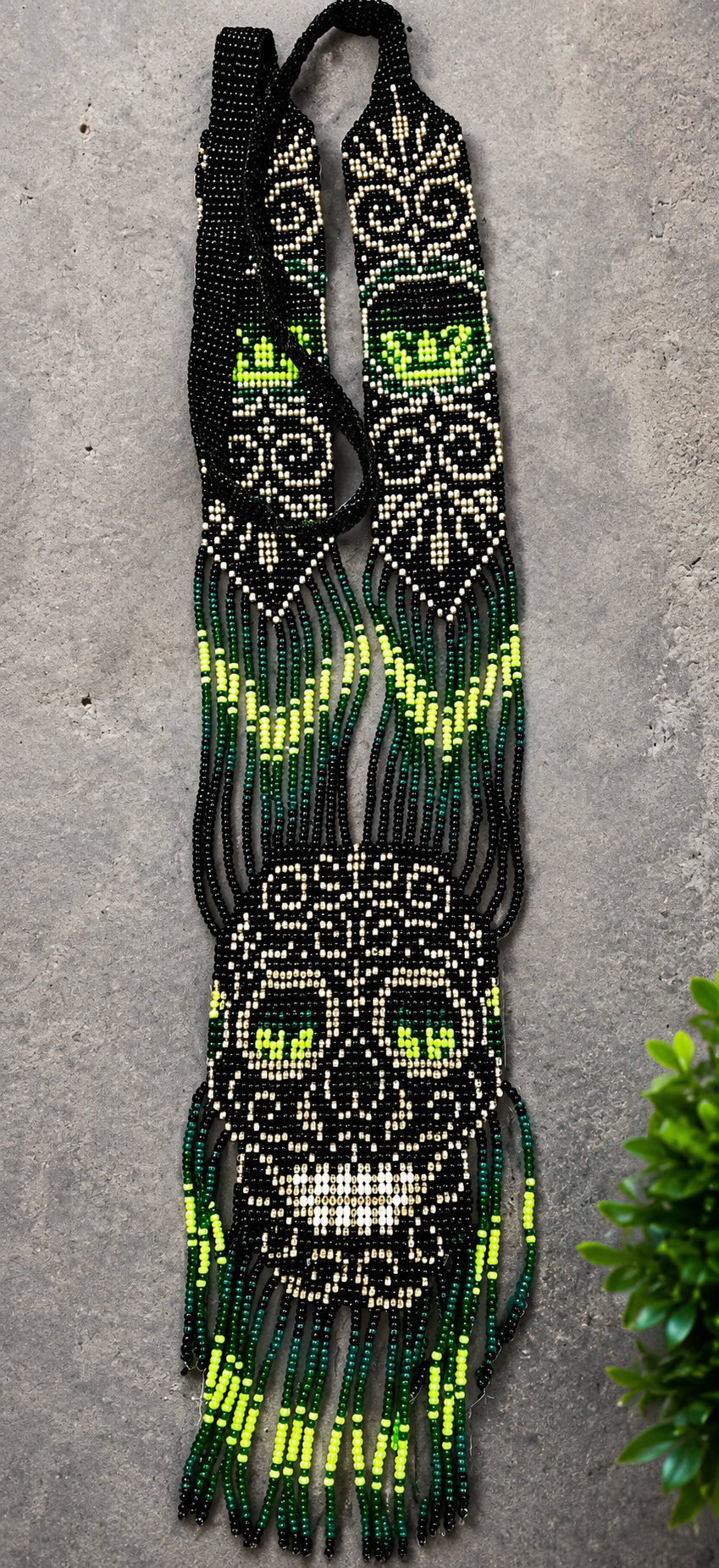 Handmade Beaded Skull Statement Necklace & Earrings Set – Tribal Gothic Boho Jewelry – Black & Green Artisan Seed Bead Necklace