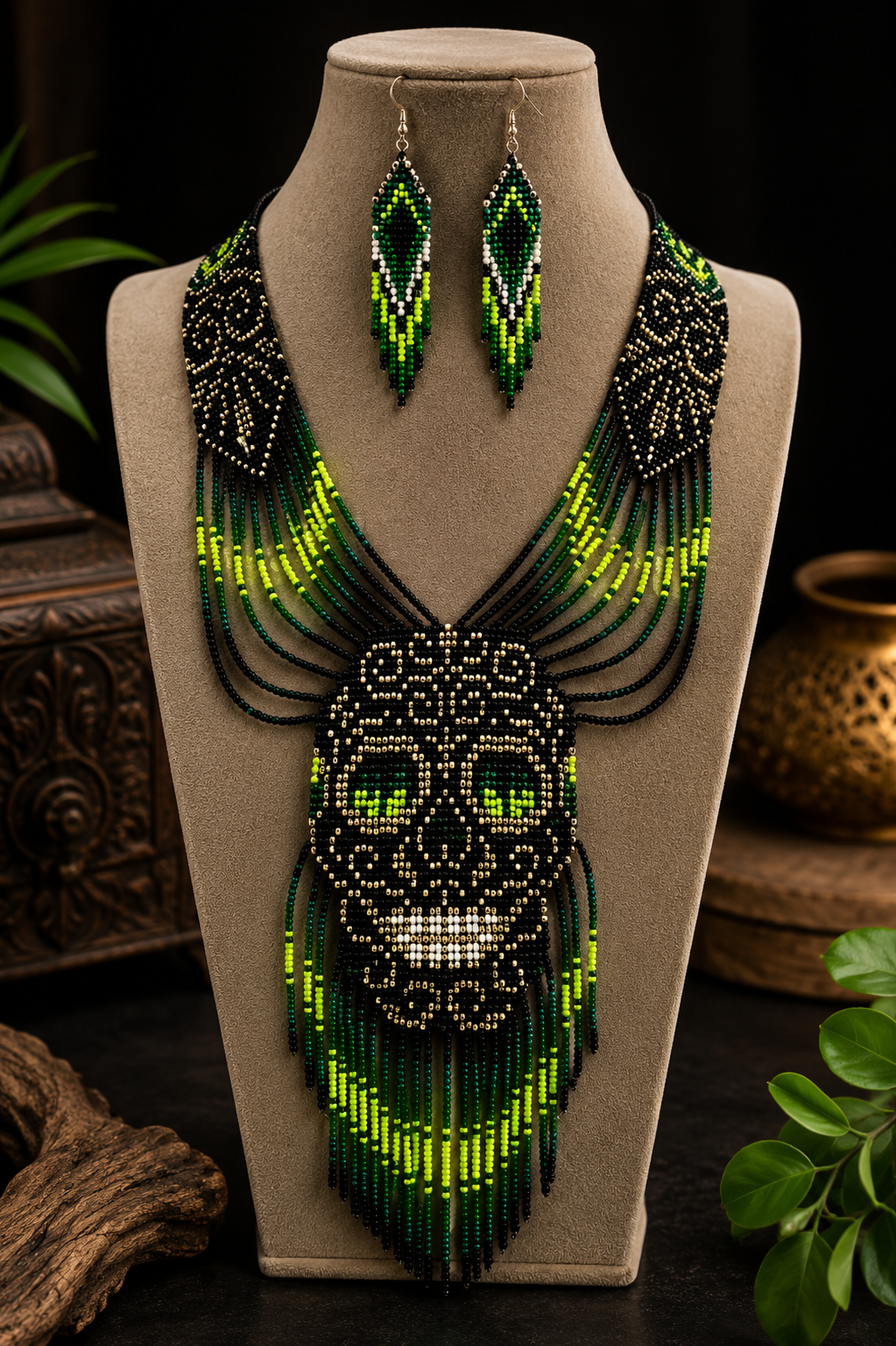 Handmade Beaded Skull Statement Necklace & Earrings Set – Tribal Gothic Boho Jewelry – Black & Green Artisan Seed Bead Necklace