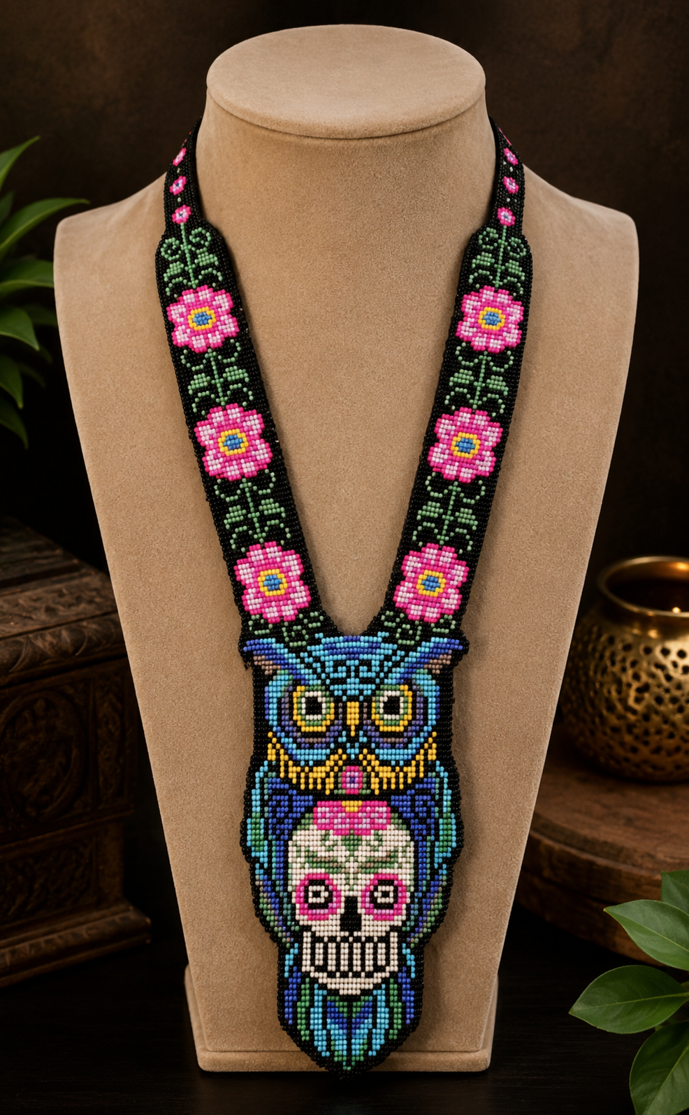 Handmade Owl & Sugar Skull Beaded Statement Necklace
