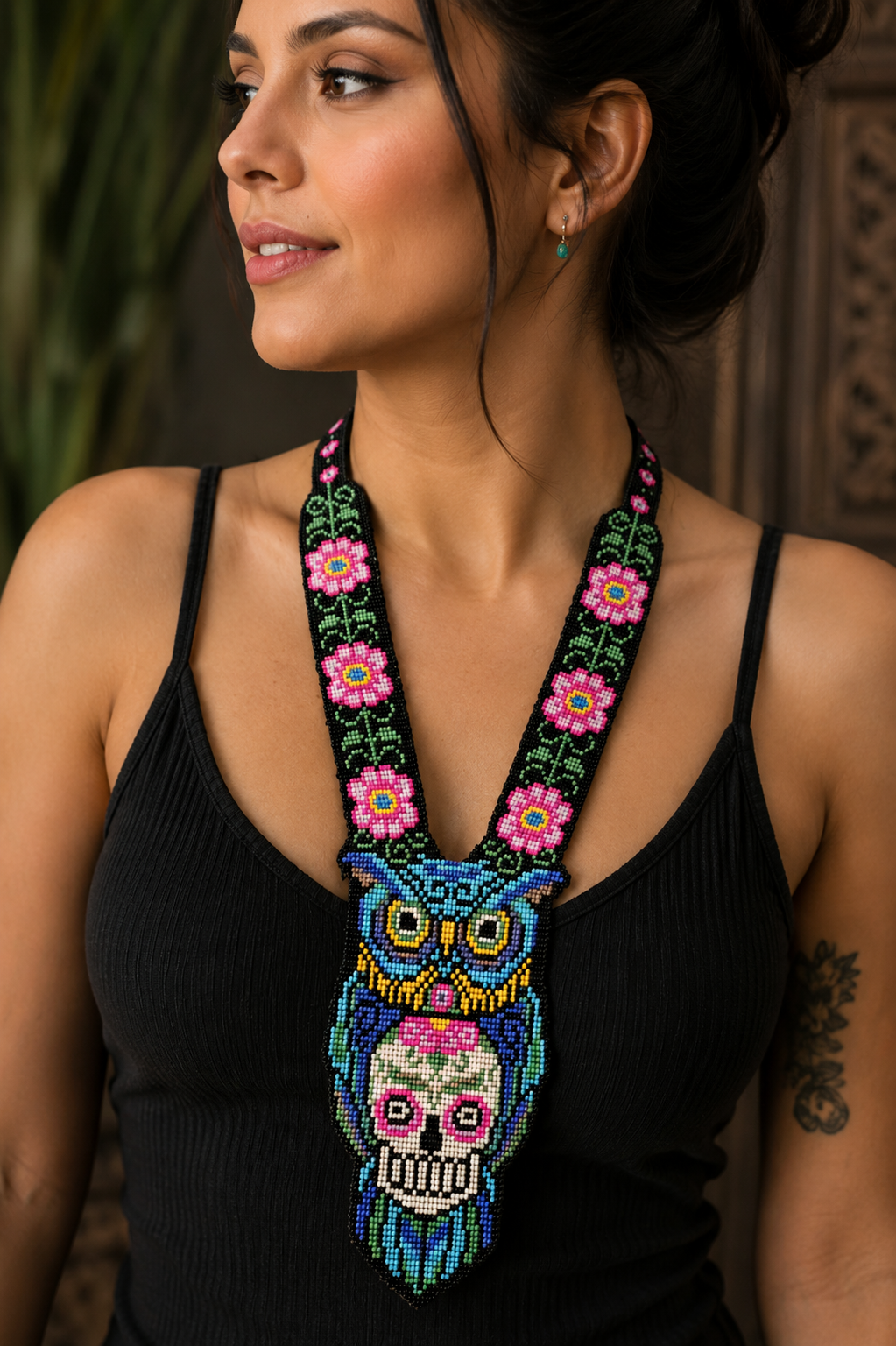 Handmade Owl & Sugar Skull Beaded Statement Necklace
