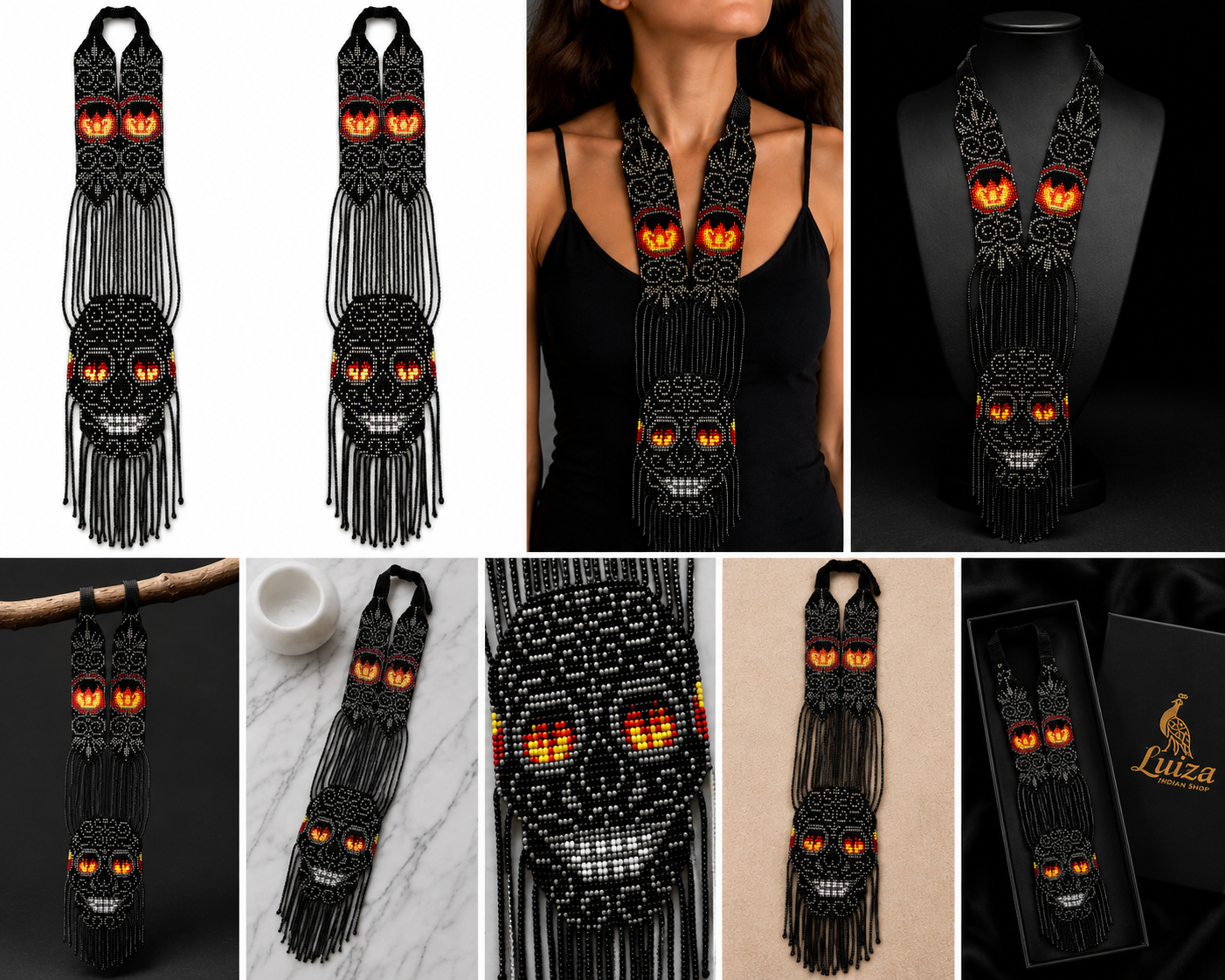 Handmade Black Beaded Skull Necklace: Gothic Tribal Jewelry