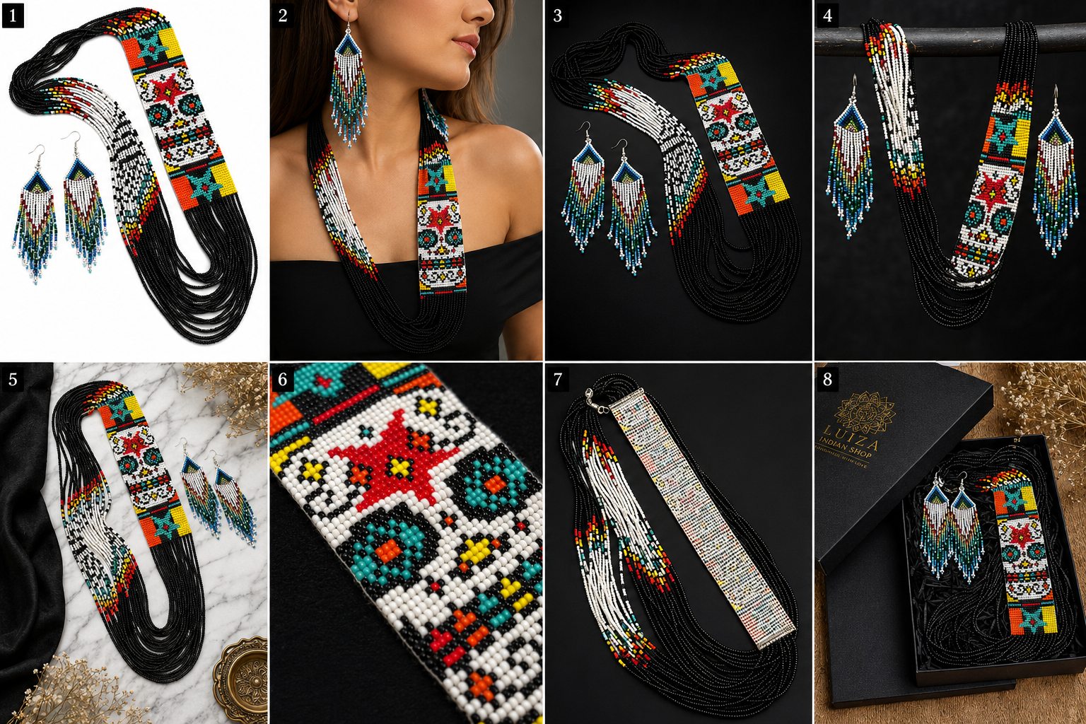 Handmade Native American Style Beaded Necklace & Fringe Earrings Set | Colorful Seed Bead Jewelry | Boho Statement Jewelry