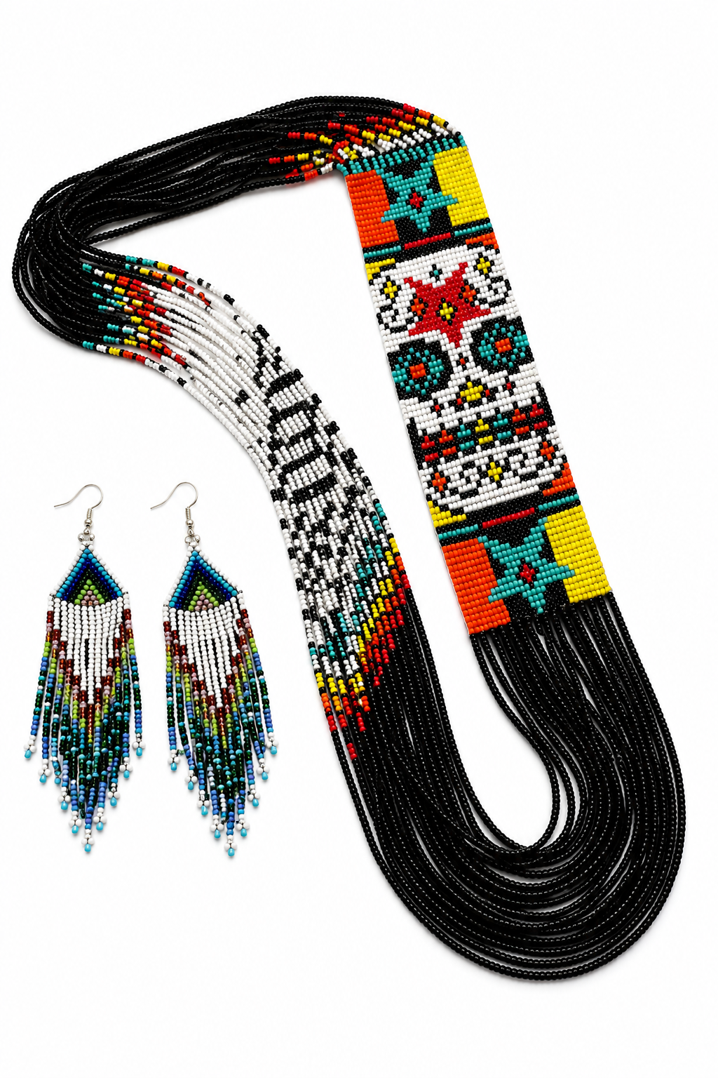 Handmade Native American Style Beaded Necklace & Fringe Earrings Set | Colorful Seed Bead Jewelry | Boho Statement Jewelry