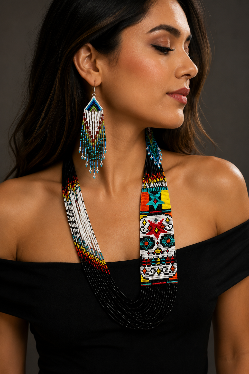 Handmade Native American Style Beaded Necklace & Fringe Earrings Set | Colorful Seed Bead Jewelry | Boho Statement Jewelry