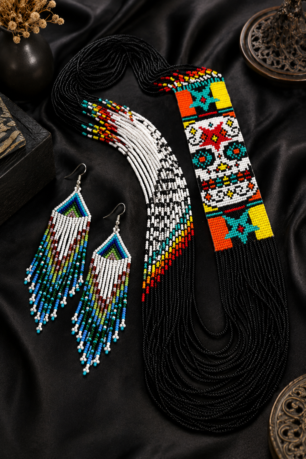 Handmade Native American Style Beaded Necklace & Fringe Earrings Set | Colorful Seed Bead Jewelry | Boho Statement Jewelry