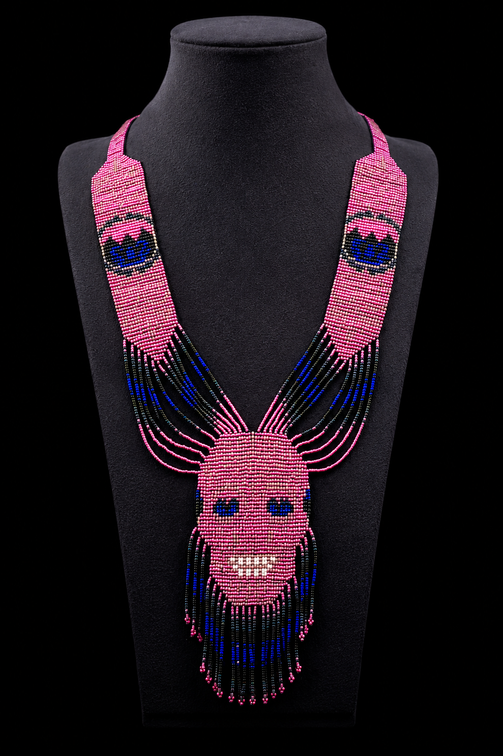 Handmade Pink Beaded Bull Head Statement Necklace