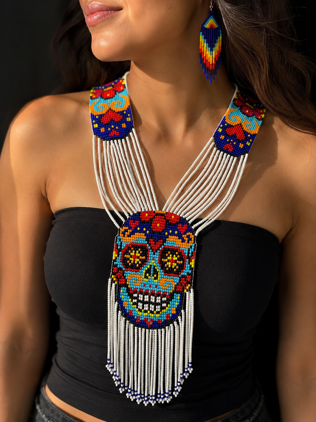 Handmade Sugar Skull Beaded Necklace & Earrings Set