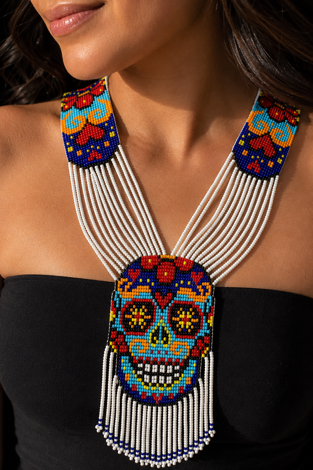 Handmade Sugar Skull Beaded Necklace & Earrings Set