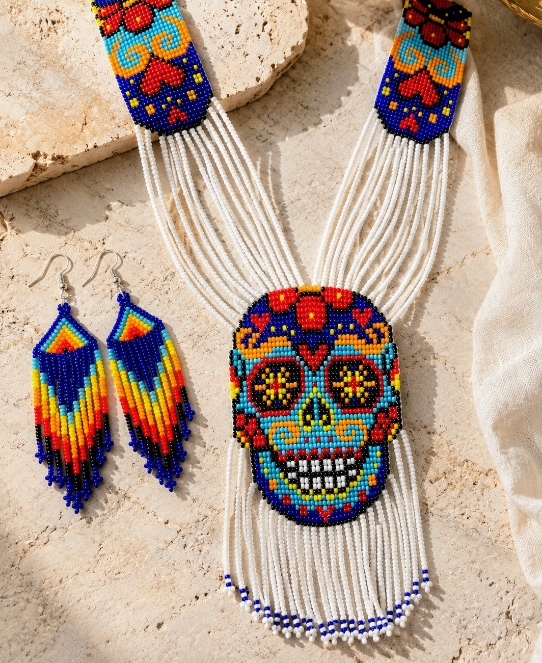 Handmade Sugar Skull Beaded Necklace & Earrings Set