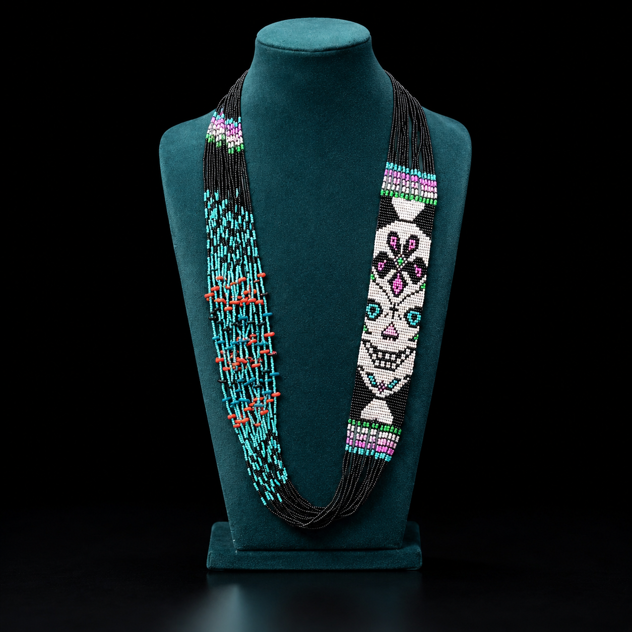 Handmade Sugar Skull Beaded Necklace – Tribal Seed Bead Statement Necklace | Boho Ethnic Jewelry
