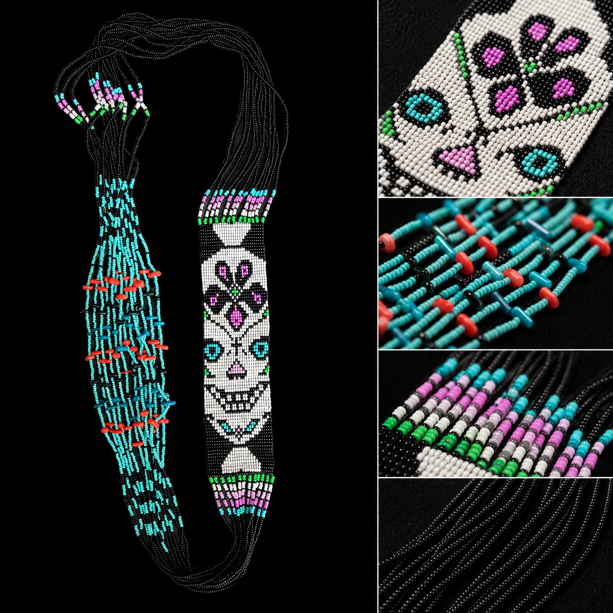 Handmade Sugar Skull Beaded Necklace – Tribal Seed Bead Statement Necklace | Boho Ethnic Jewelry