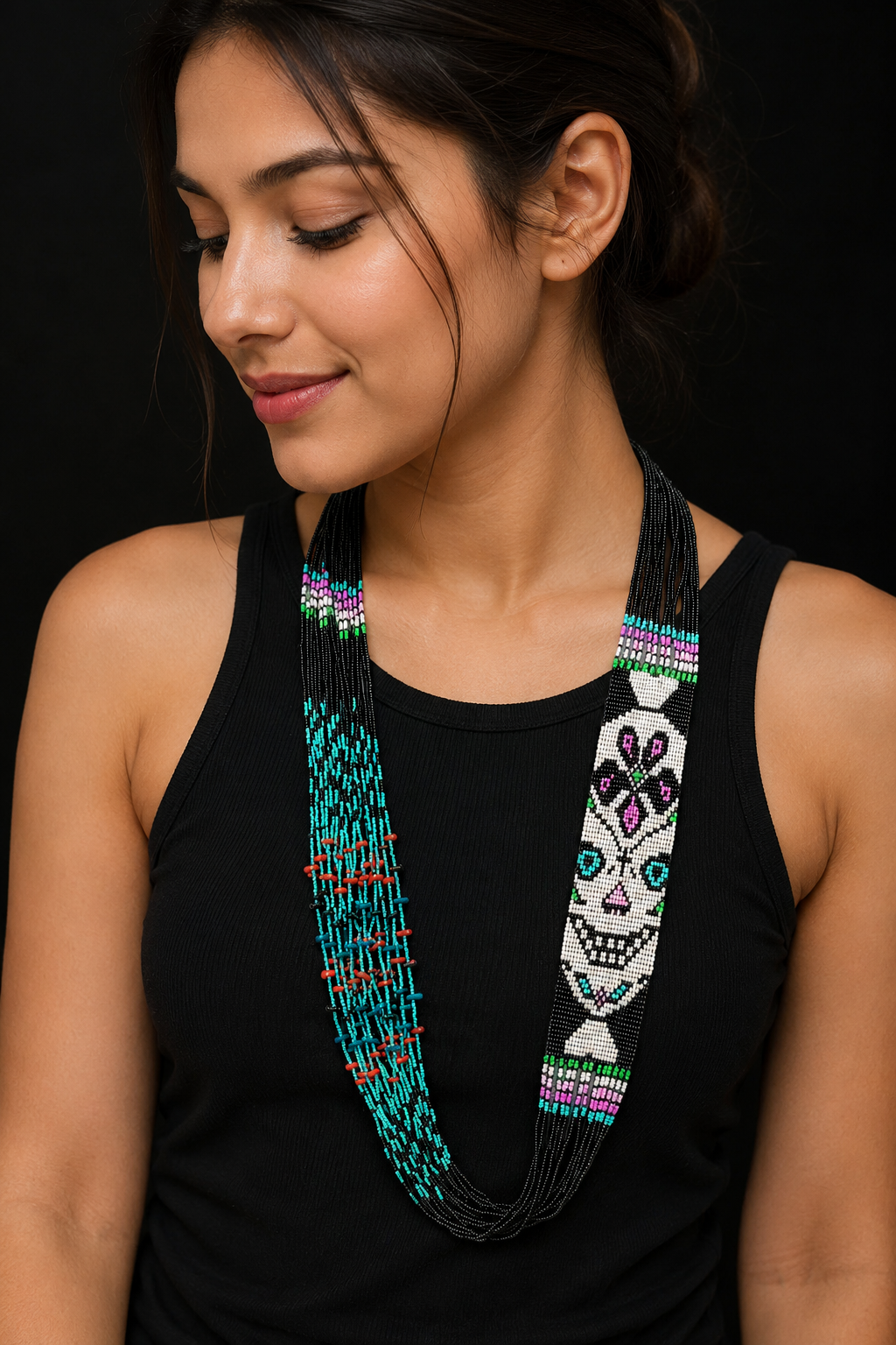 Handmade Sugar Skull Beaded Necklace – Tribal Seed Bead Statement Necklace | Boho Ethnic Jewelry