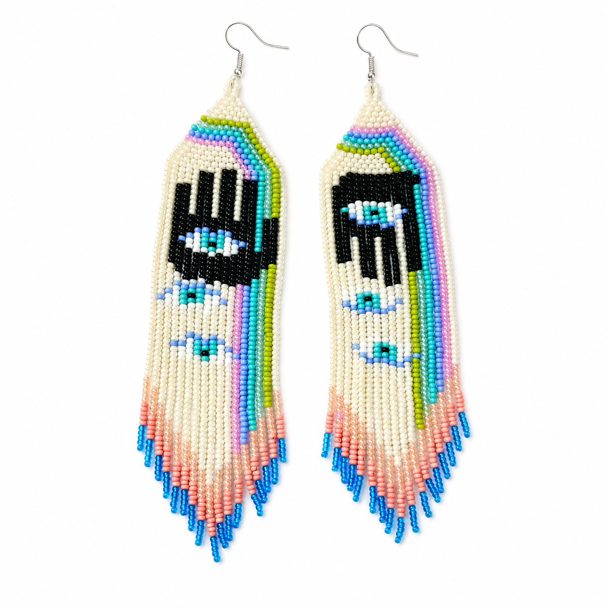 Handmade Hamsa Evil Eye Beaded Earrings: Pastel Rainbow Fringe