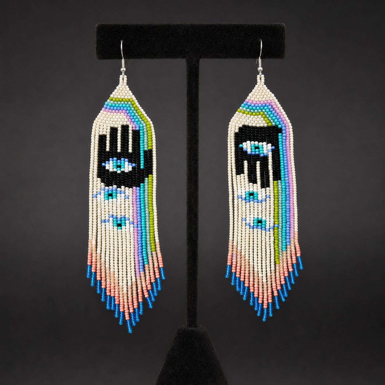 Handmade Hamsa Evil Eye Beaded Earrings: Pastel Rainbow Fringe