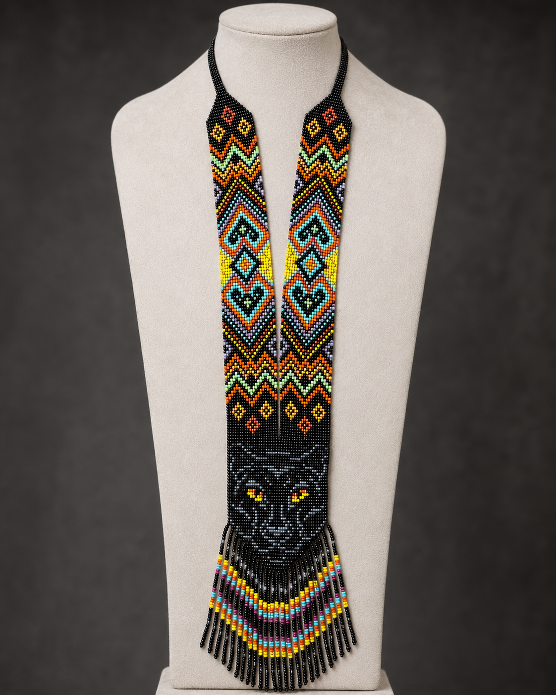 Handcrafted Beaded Panther Necklace with Intricate Tribal Patterns