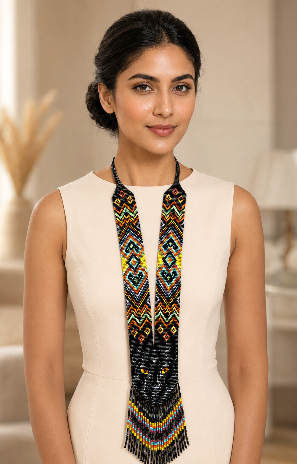 Handcrafted Beaded Panther Necklace with Intricate Tribal Patterns
