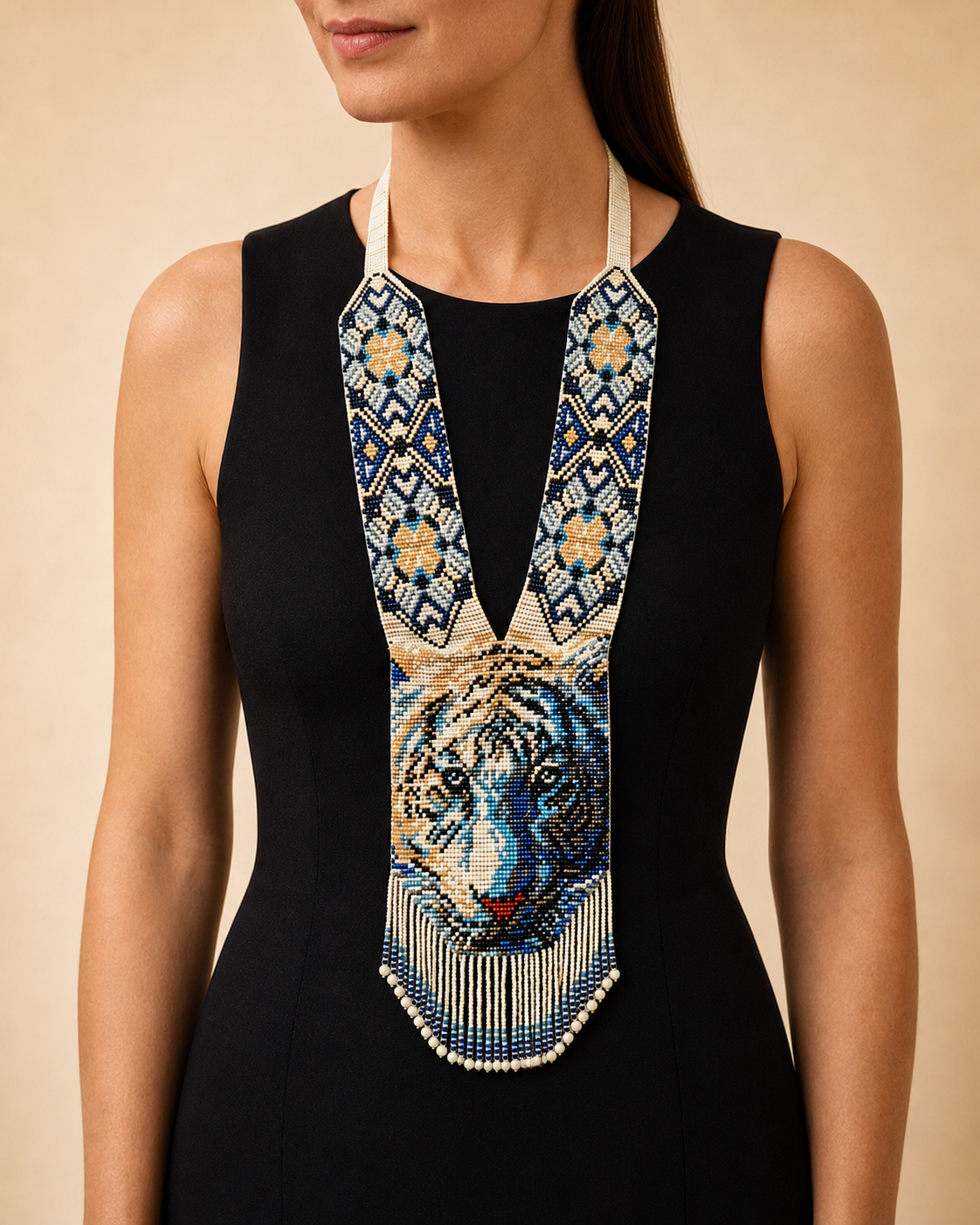 Handmade Beaded Tiger Necklace: Ethnic Woven Seed Bead Gerdan