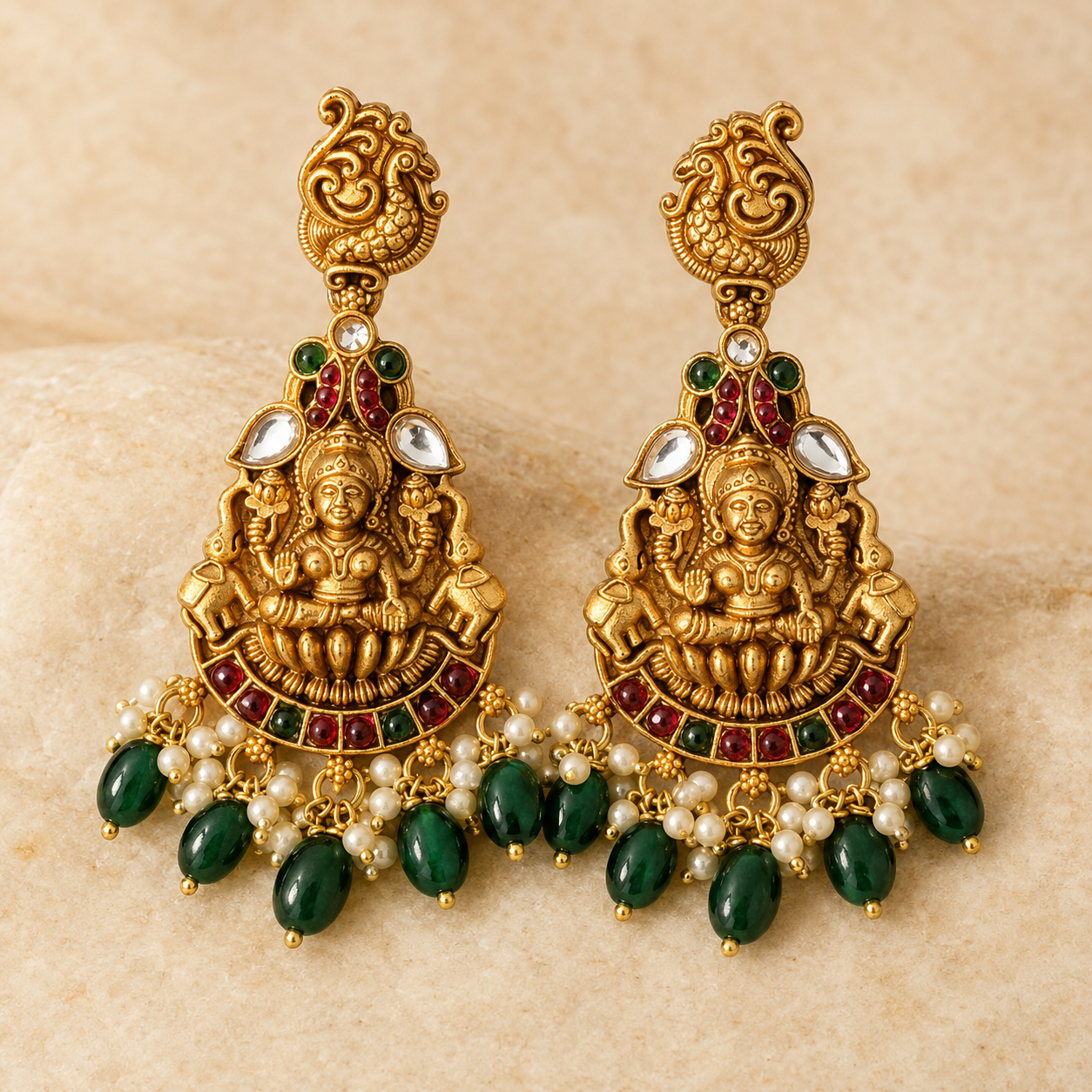Lakshmi Temple Statement Earrings – Antique Gold Tone with Green Beads