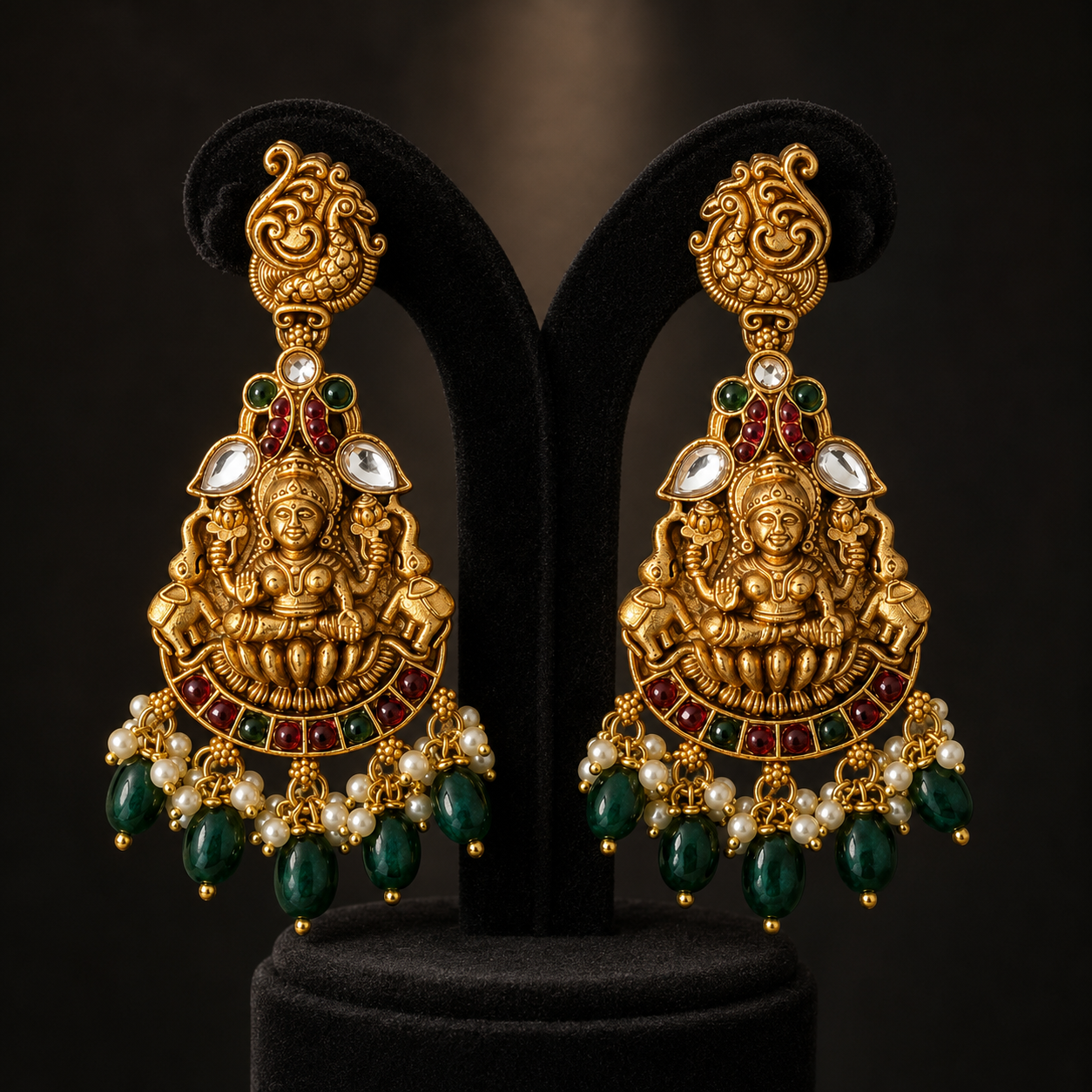 Lakshmi Temple Statement Earrings – Antique Gold Tone with Green Beads