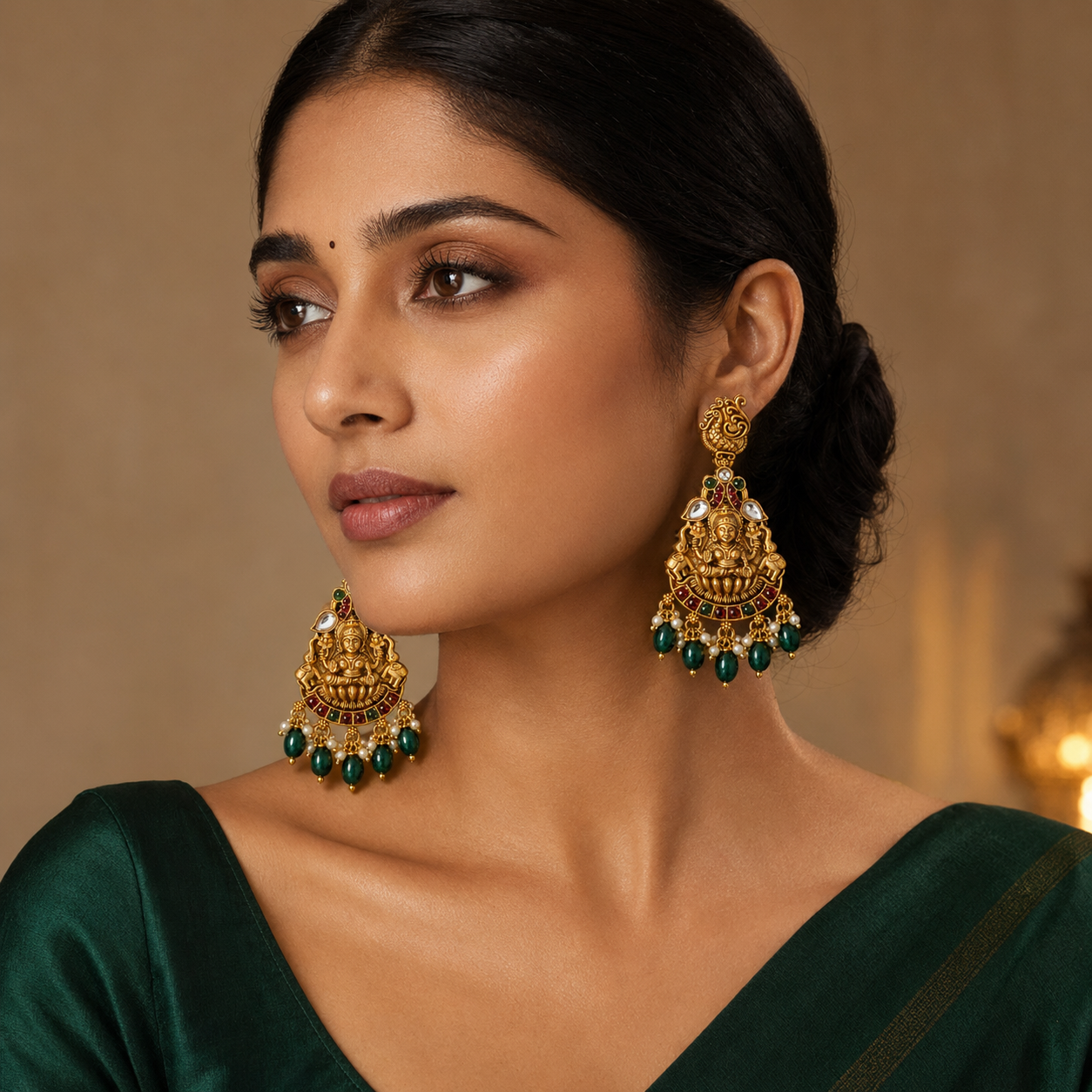 Lakshmi Temple Statement Earrings – Antique Gold Tone with Green Beads