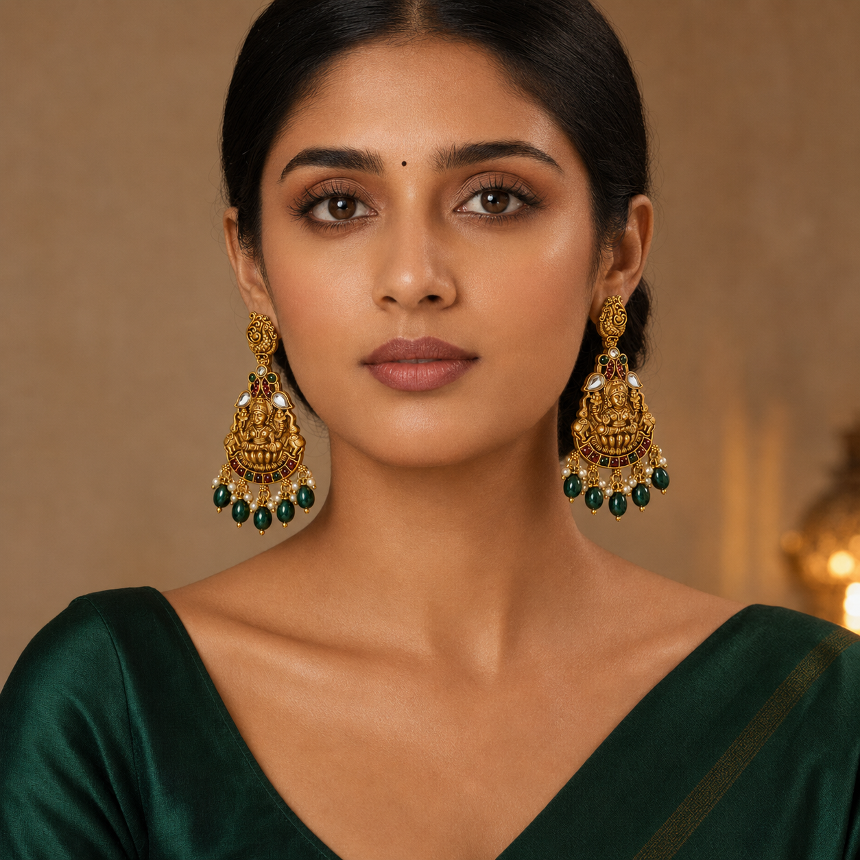 Lakshmi Temple Statement Earrings – Antique Gold Tone with Green Beads
