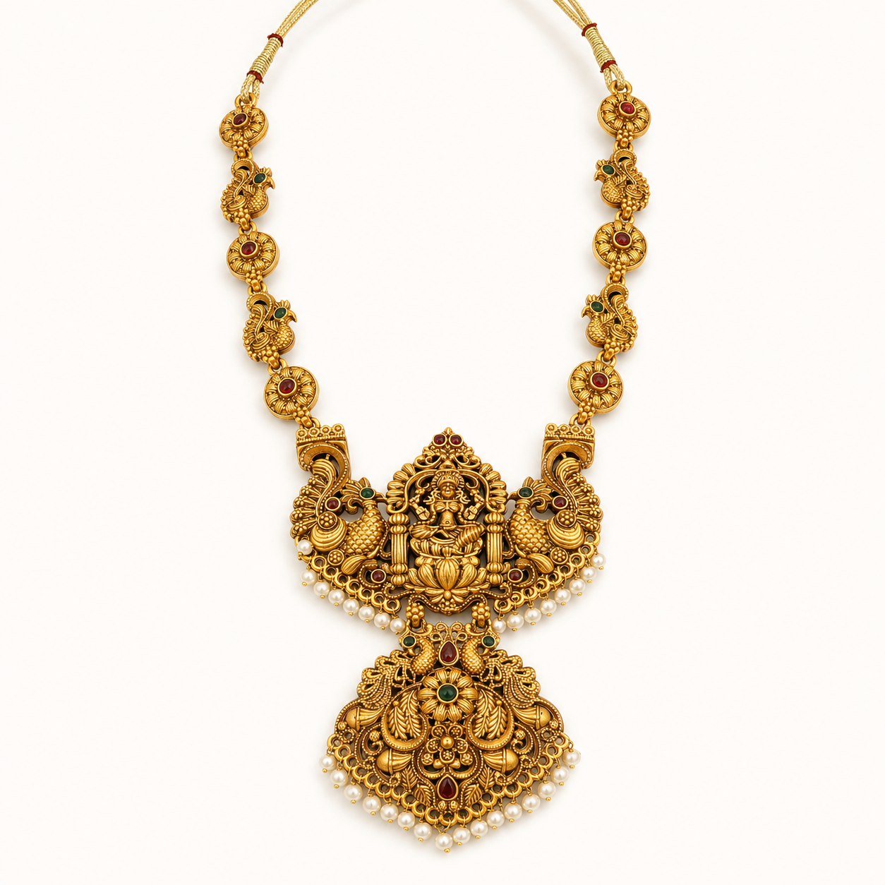 Lakshmi Peacock Temple Necklace with Pearl Drops – Antique Gold Tone