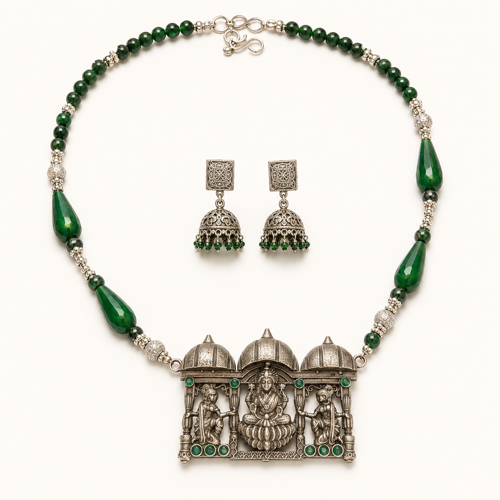 Oxidized Silver Lakshmi Temple Necklace Set with Green Beads
