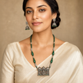 Oxidized Silver Lakshmi Temple Necklace Set with Green Beads