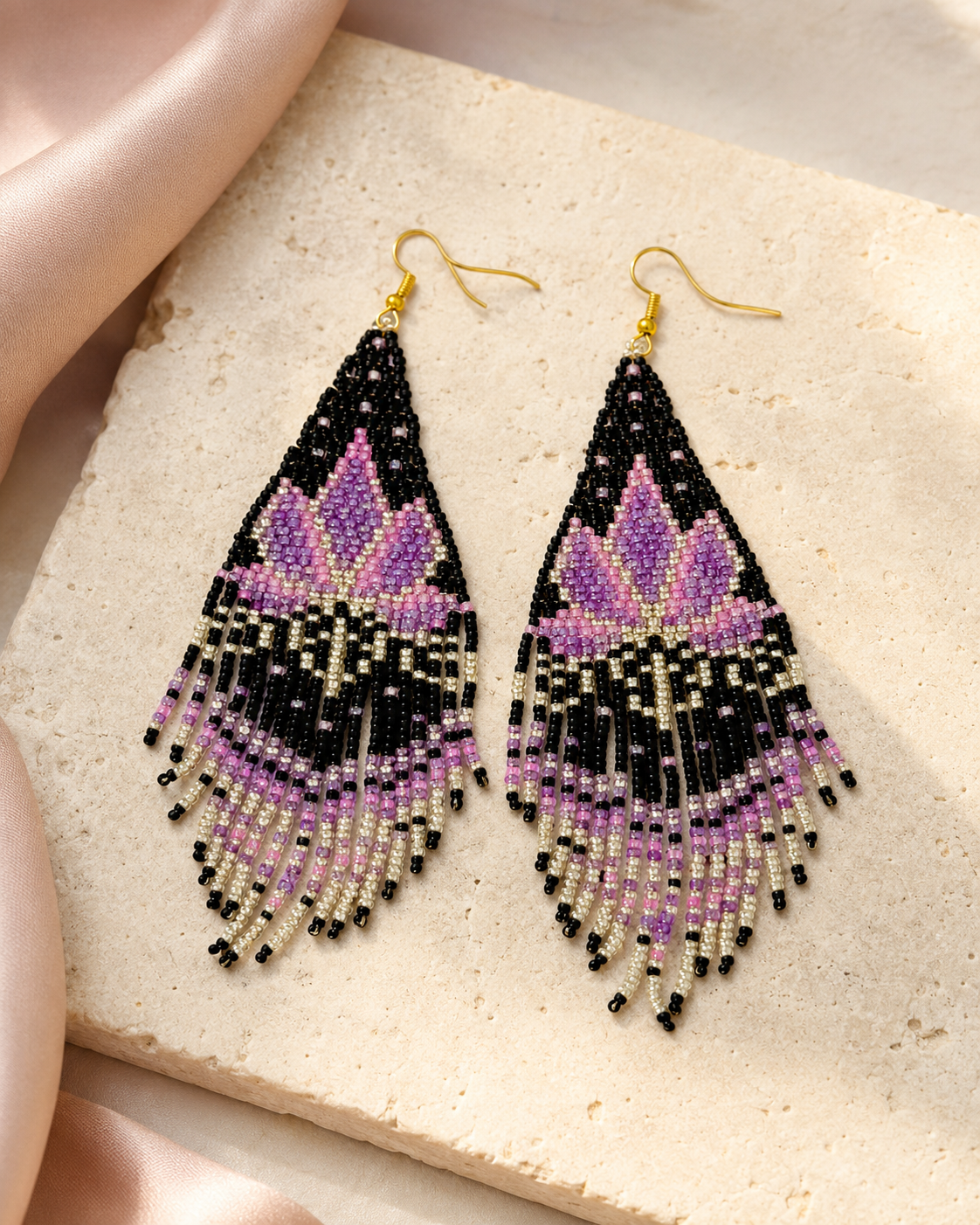 Pink Lotus Beaded Fringe Statement Earrings