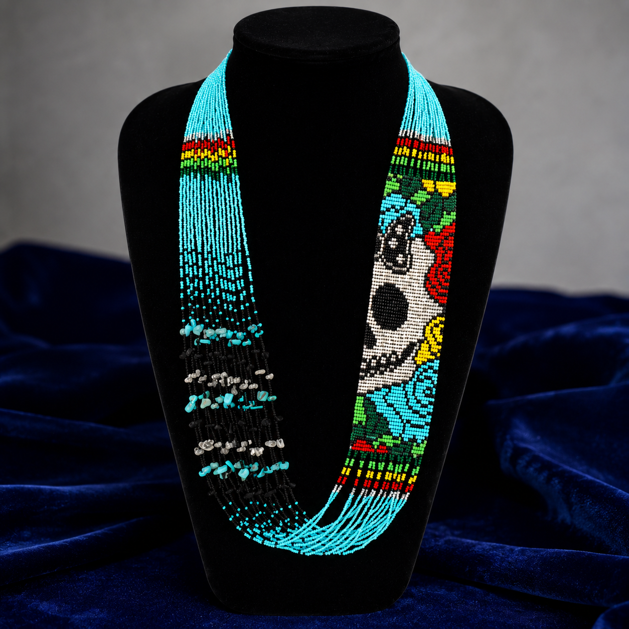 Handmade Sugar Skull Beaded Necklace – Turquoise Seed Bead Statement Necklace | Artisan Boho Festival Jewelry
