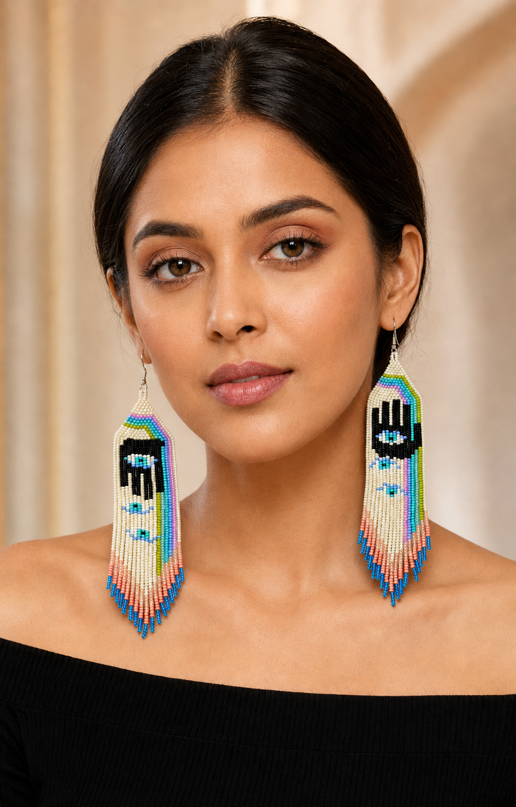 Handmade Hamsa Evil Eye Beaded Earrings: Pastel Rainbow Fringe
