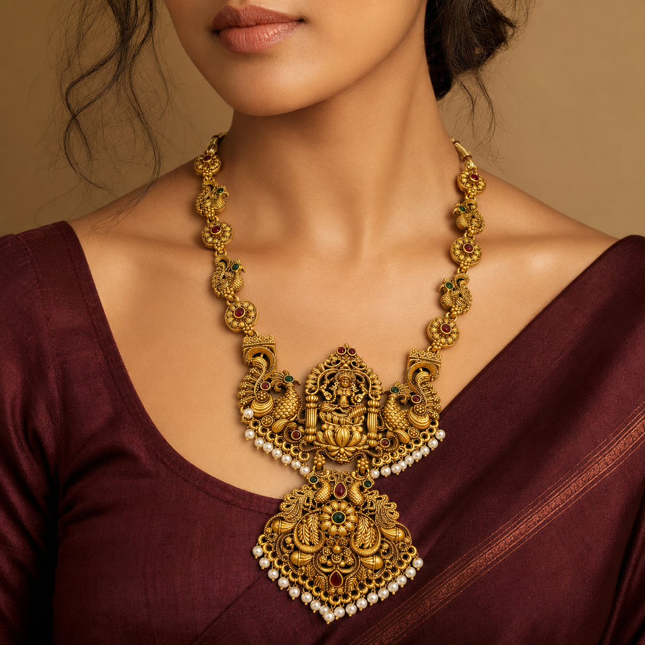 Lakshmi Peacock Temple Necklace with Pearl Drops – Antique Gold Tone